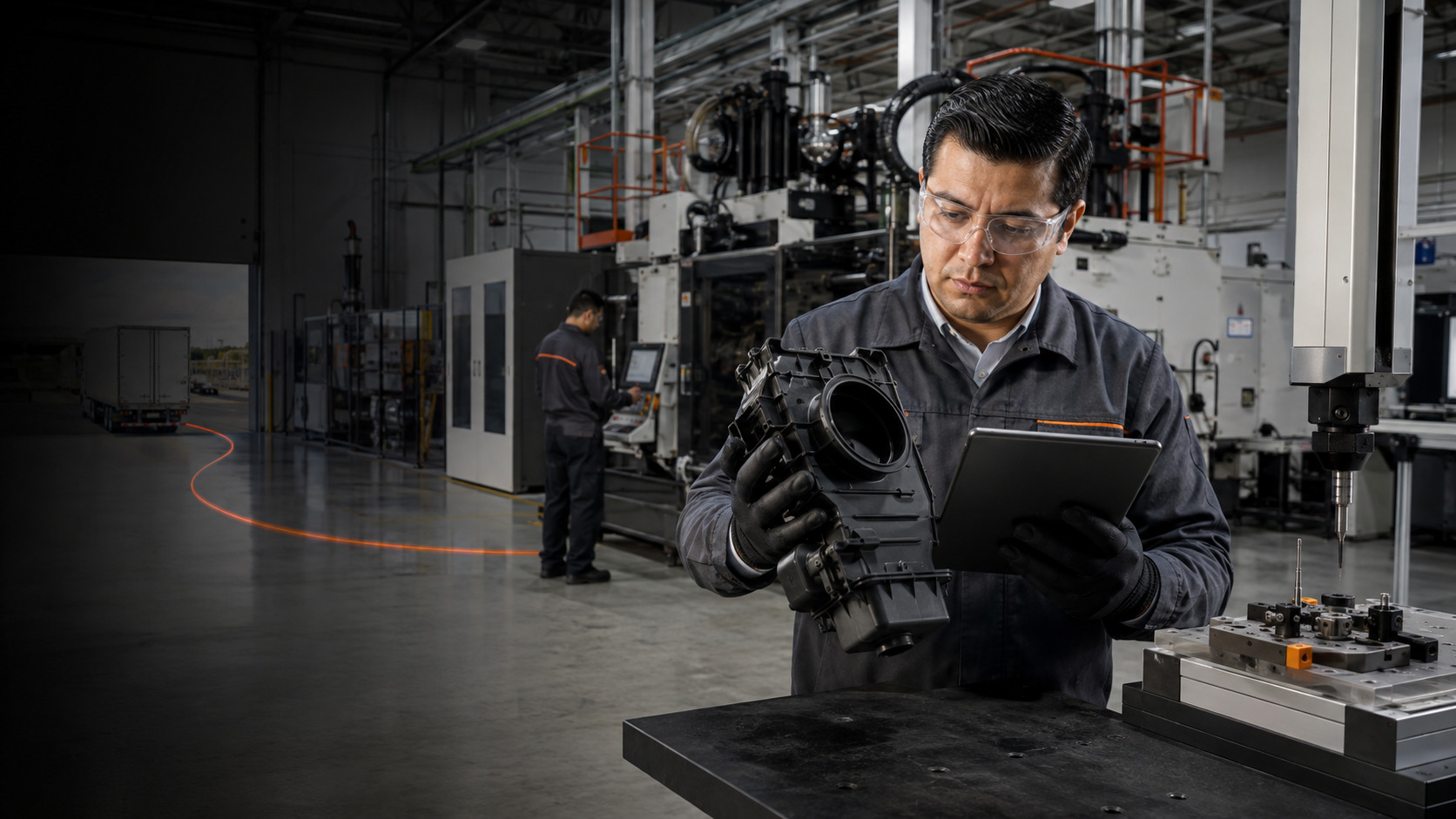 Manufacturing engineer inspecting a molded automotive housing beside production equipment and metrology in a factory in Mexico