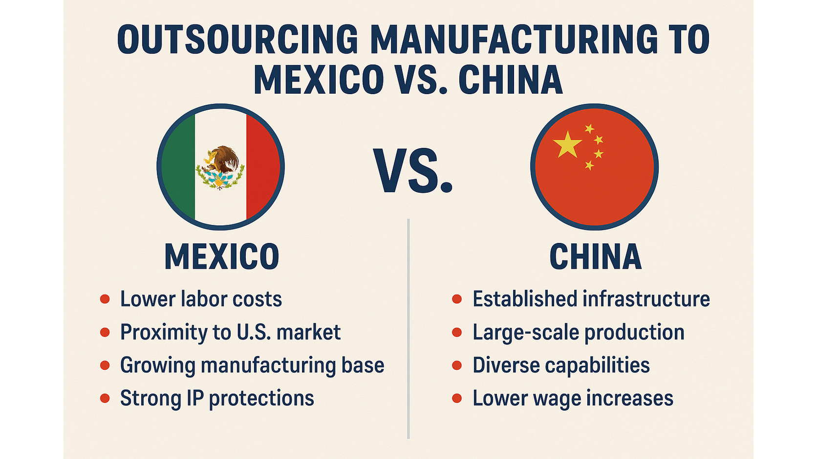 Comparison graphic introducing Mexico and China manufacturing factors for a balanced China plus one sourcing decision