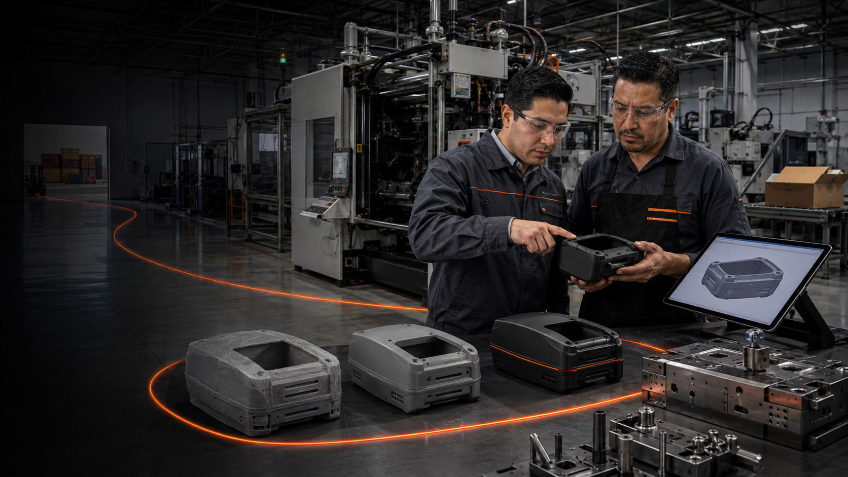 Two manufacturing engineers comparing a molded product housing with tooling, CAD and production equipment in a factory in Mexico